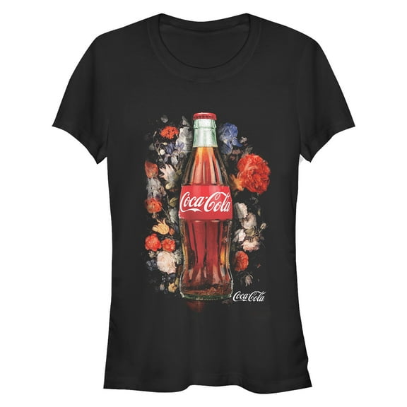Junior's Coca Cola Bottle Floral Print Graphic Tee Black Small