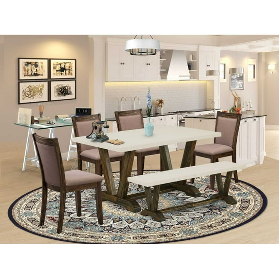East West Furniture V726MZ748-6 - 6-Pc Dining Set - 4 Parson Dining Chairs, a Dining Bench and 1 Dining Table (Distressed Jacobean Finish)