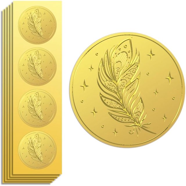 Sello adhesivo dorado con plumas en relieve, 2 pulgadas, 100 unidades, autoadhesivo, dorado, para relieve.