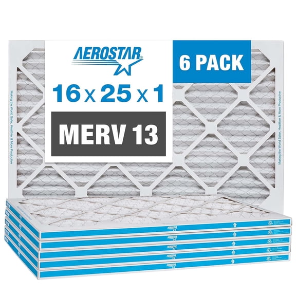 Aerostar 16x25x1 MERV 13 AC Furnace Air Filter, Pleated HVAC Filter, MPR 1900 FPR 10, Allergen Defense, 6-Pack, Made in USA