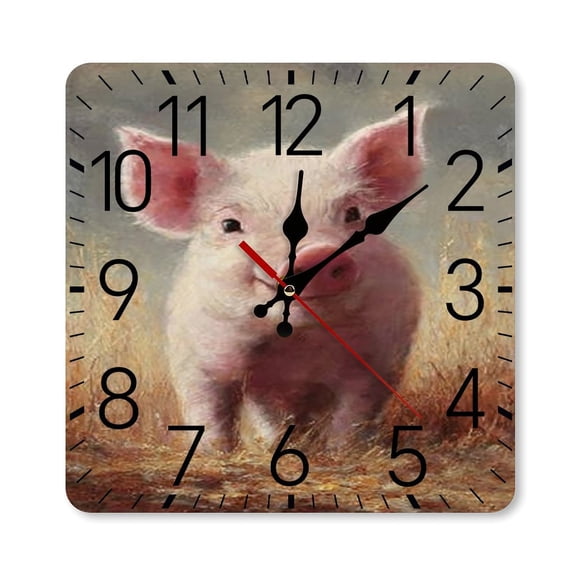 RKSupls 10×10inch Square Silent Wall Clock Wooden Frame, Cute Piglet Field Scale Decorative Clock for Home Bedroom Living Room Office