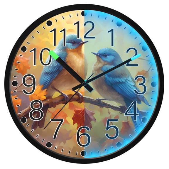 Ryvnso Birds on Autumn Leave Branch 12 Inch Night Light Wall Clock Silent Battery Operated Luminous Clocks