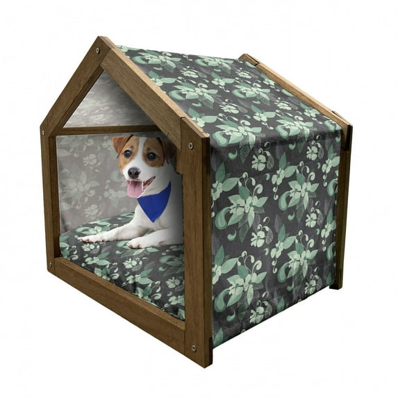 Grey and Green Pet House, Nostalgic Flowers in Abstract Style Leaves Blossoms Flourishing Nature, Outdoor & Indoor Portable Dog Kennel with Pillow and Cover, 5 Sizes, Grey Mint Green, by Ambesonne