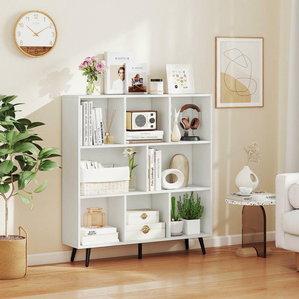 Resenkos 8-Cube Bookcase with 5 Tapered Metal Legs for Modern Decor - White/Black