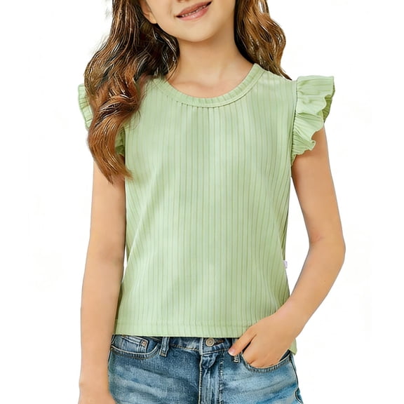 NAISIBABY Girls T-Shirt with Ruffle Sleeve, Crewneck Thin Soft Cute Kids Summer Fashion Tee Green Size 8
