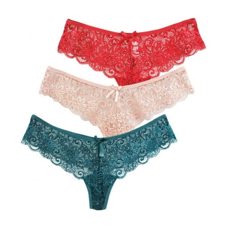 

Popvcly 3 Pack Women s Lace Thongs Low-waist See-through Panties Female T-back Briefs Breathable Embroidery Floral Intimates