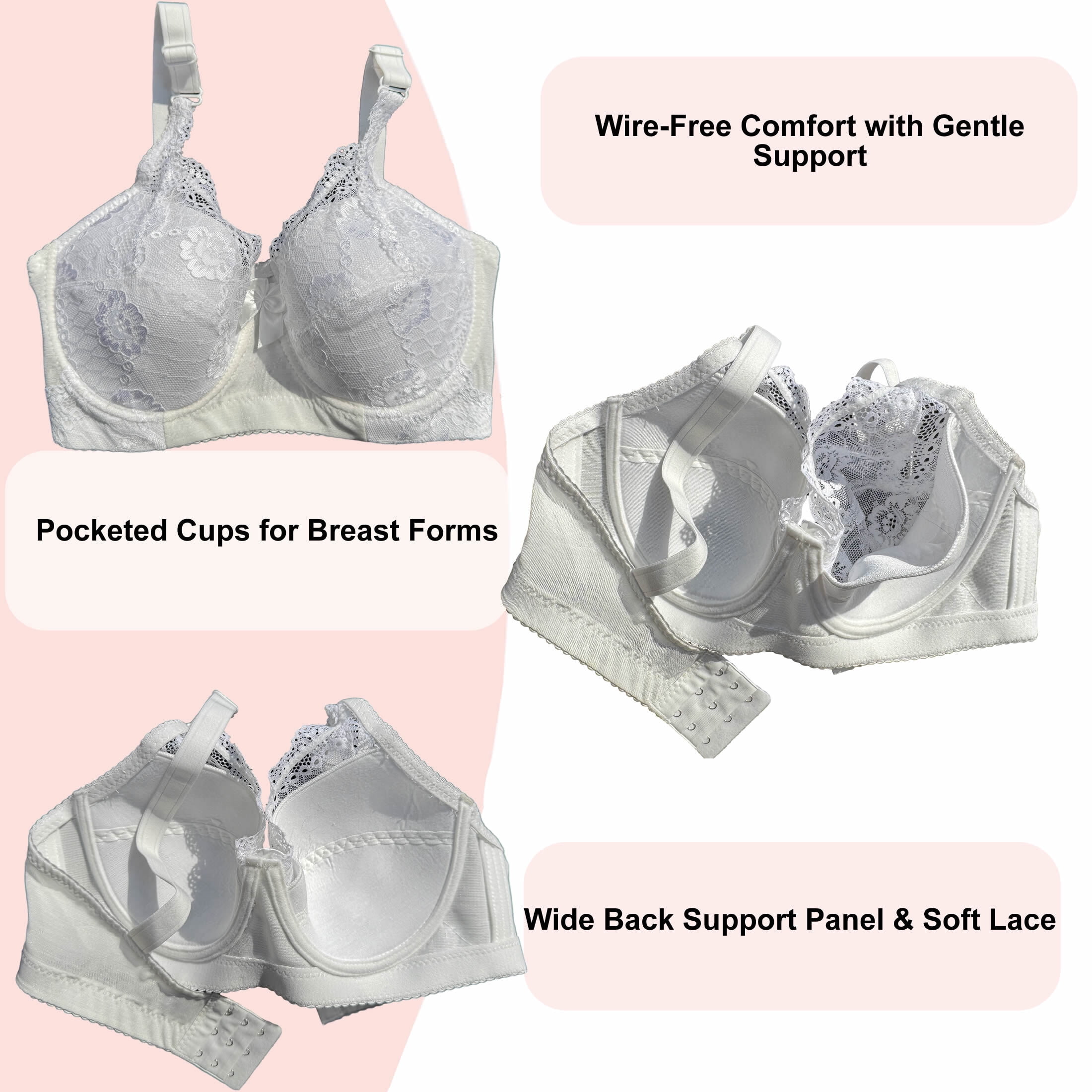 BIMEI Women’s Lace Pocket Bra for Breast Forms | Mastectomy Prosthesis Bra with Underwire & Sheer Lace | Ideal for Silicone Breast Forms, White, 38