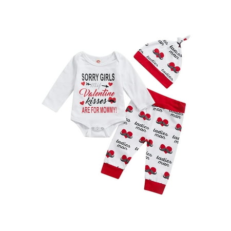 

Genuiskids Infant Baby Boys 3Pcs Valentine s Day Clothes Sets Long Sleeve Letter Print Romper Tops Heart Beard Pants with Hat 0-12M
