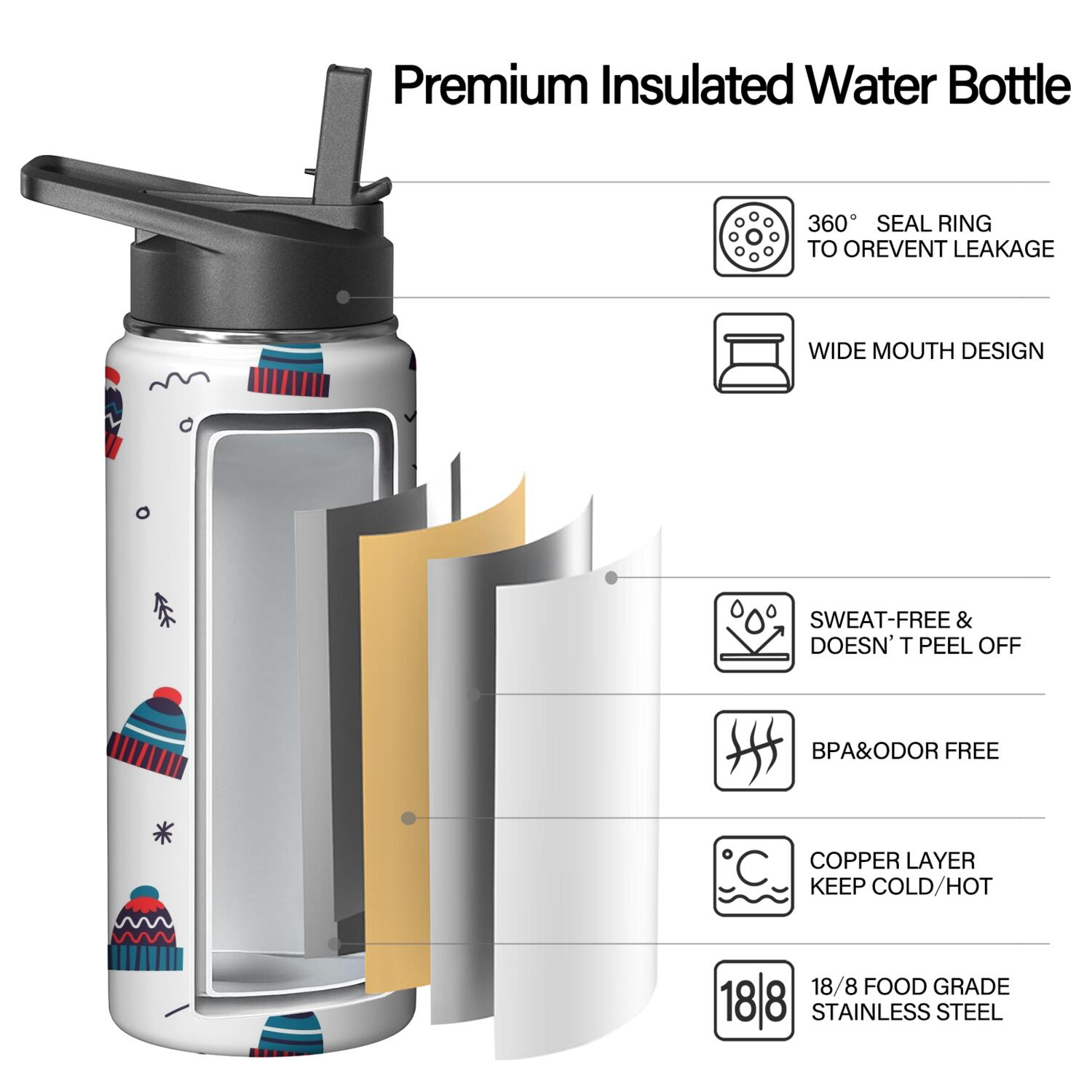 Christmas 18 oz Insulated Stainless Steel Water Bottle with Straw & Cleaning Brush , Leakproof, BPA-Free, 304 Stainless Steel, Wide Mouth, Travel Mug for Car, Gym, Office