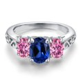 thumbnail image 3 of Gem Stone King 925 Sterling Silver Blue Created Sapphire and Pink Moissanite Filigree Style 3 Stone Ring for Women (2.52 Cttw, Oval 8X6MM and 6X4MM, Available in Size 5, 6, 7, 8, 9), 3 of 6