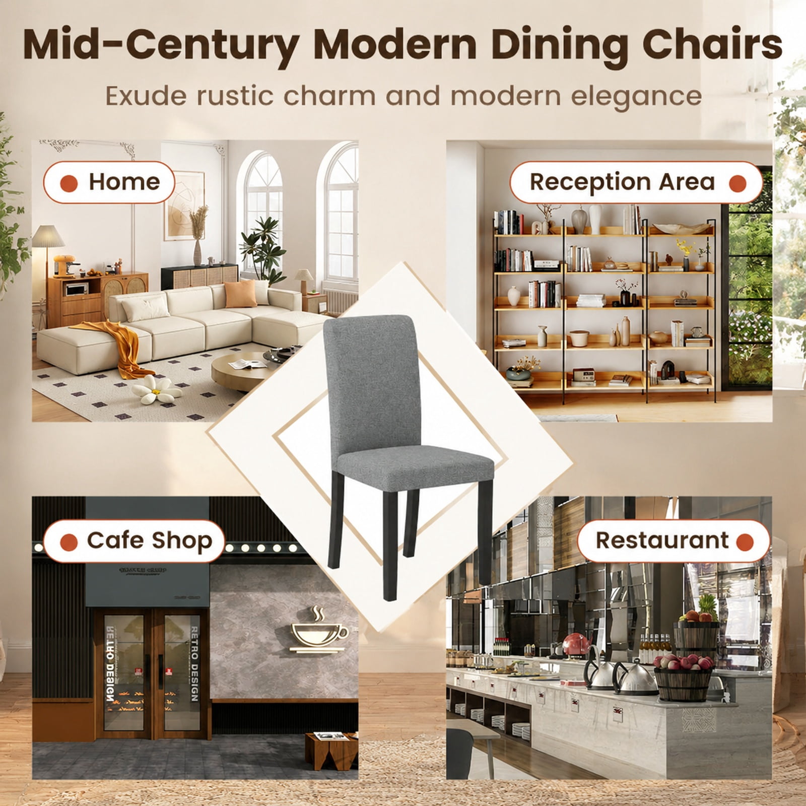 Furnibear Mid Century Modern Dining Chairs Set of 2 with Rubber Wood Legs and Padded Seats for Kitchen Dining Room, Gray