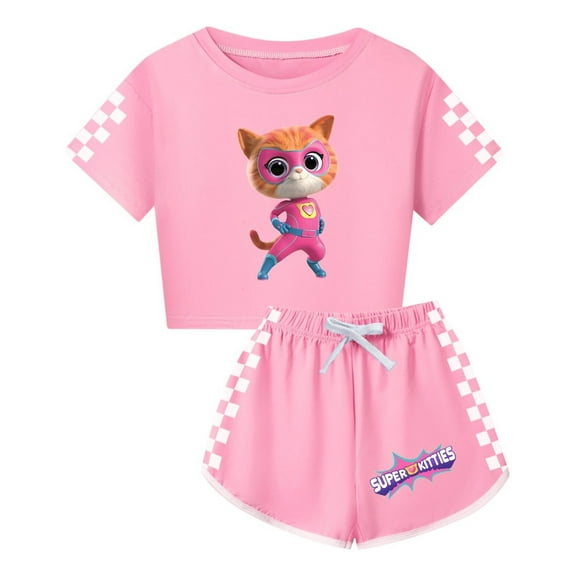 Super-Kitties Cartoon Cat Clothes for Girls – 2-Piece Short Sleeve Crop Top and Shorts – Kids Summer Outfit Set