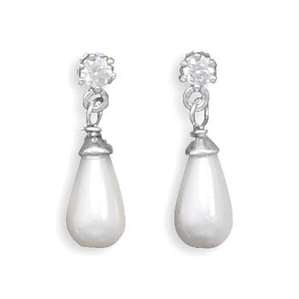 Hanging Circle Earrings Simulated Pearl Clear Simulated CZ .925 Sterling Silver Pendant Set