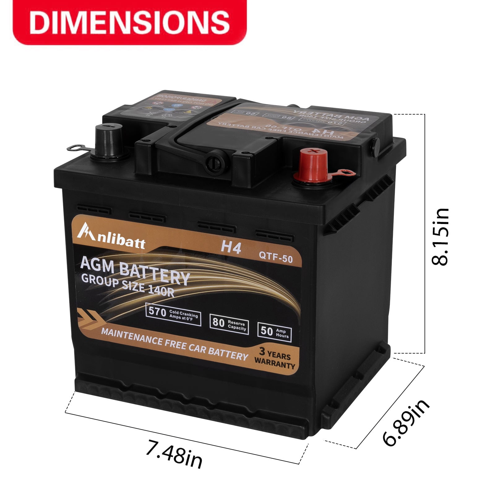 Anlibatt Platinum AGM Group 140R Battery, 12 Volt Rechargeable Automotive Batteries for Car, H4 570CCA 50Ah 80RC