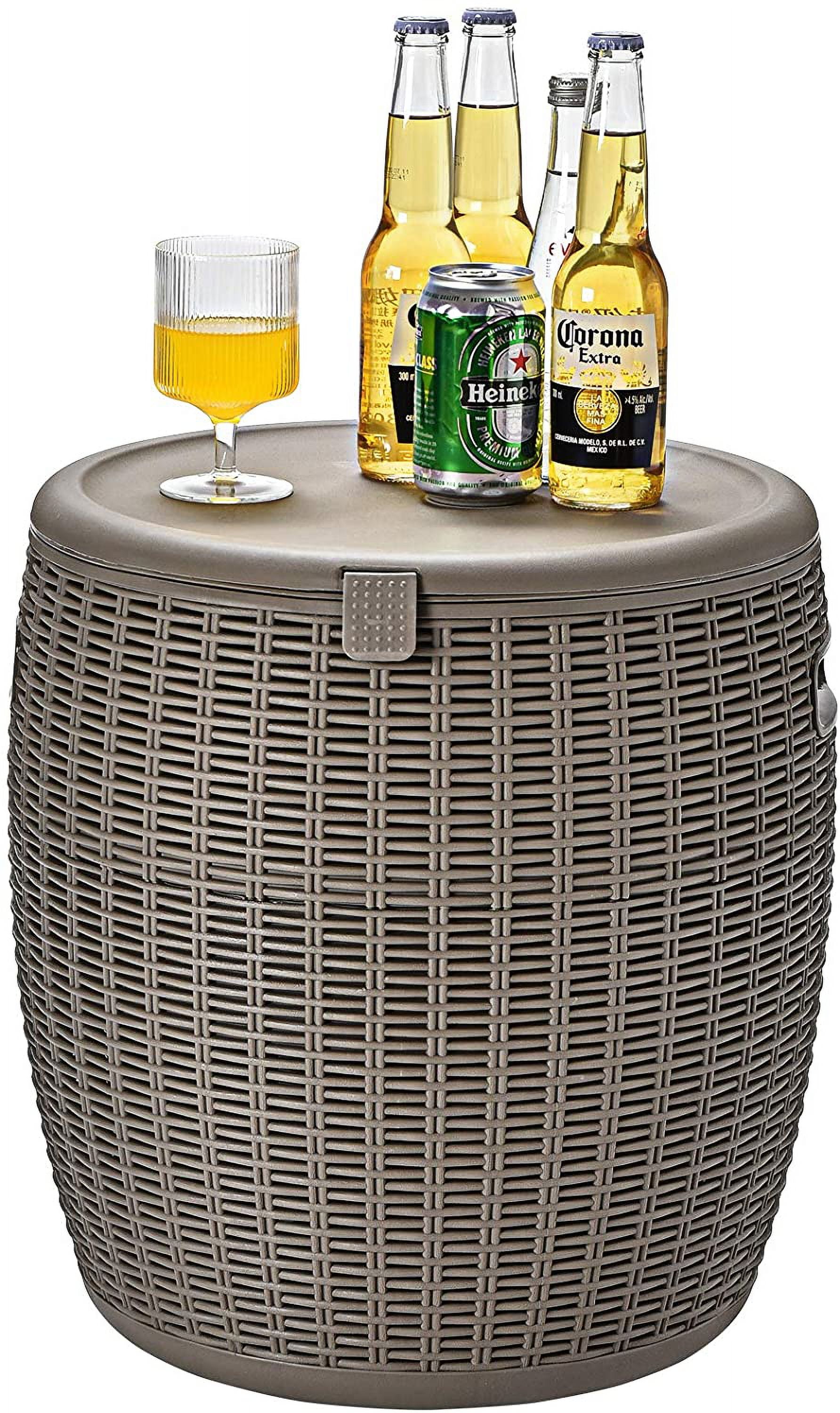 FASCK 9.5 Gallon Ice Cooler, Wicker Round Ice Chest, Outdoor Beer Wine Ice Bucket, Top Lid Side Handles Drainage Plug, Weather-resistant Patio Cool Bar Table for Cocktail Party Poolside Deck