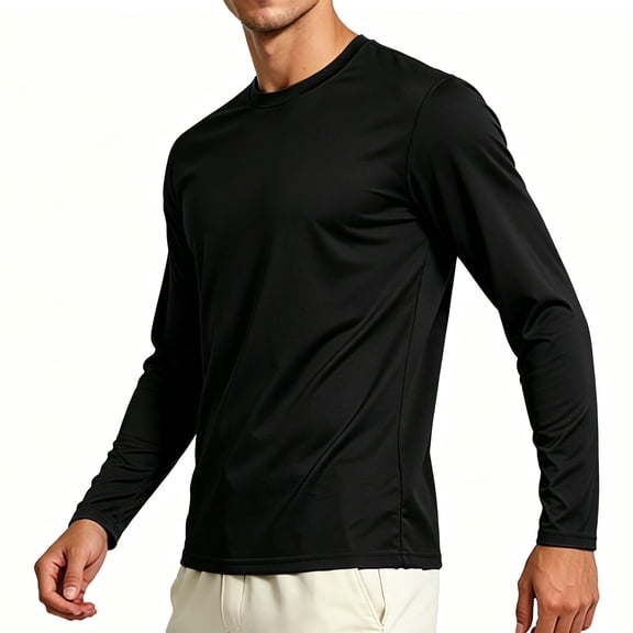 hoksml Men's Mesh Crew Neck Long Sleeve T-Shirt, Breathable Quick Dry Slim Cut Athletic Basic Top, Light Solid Color Casual Workout Tee