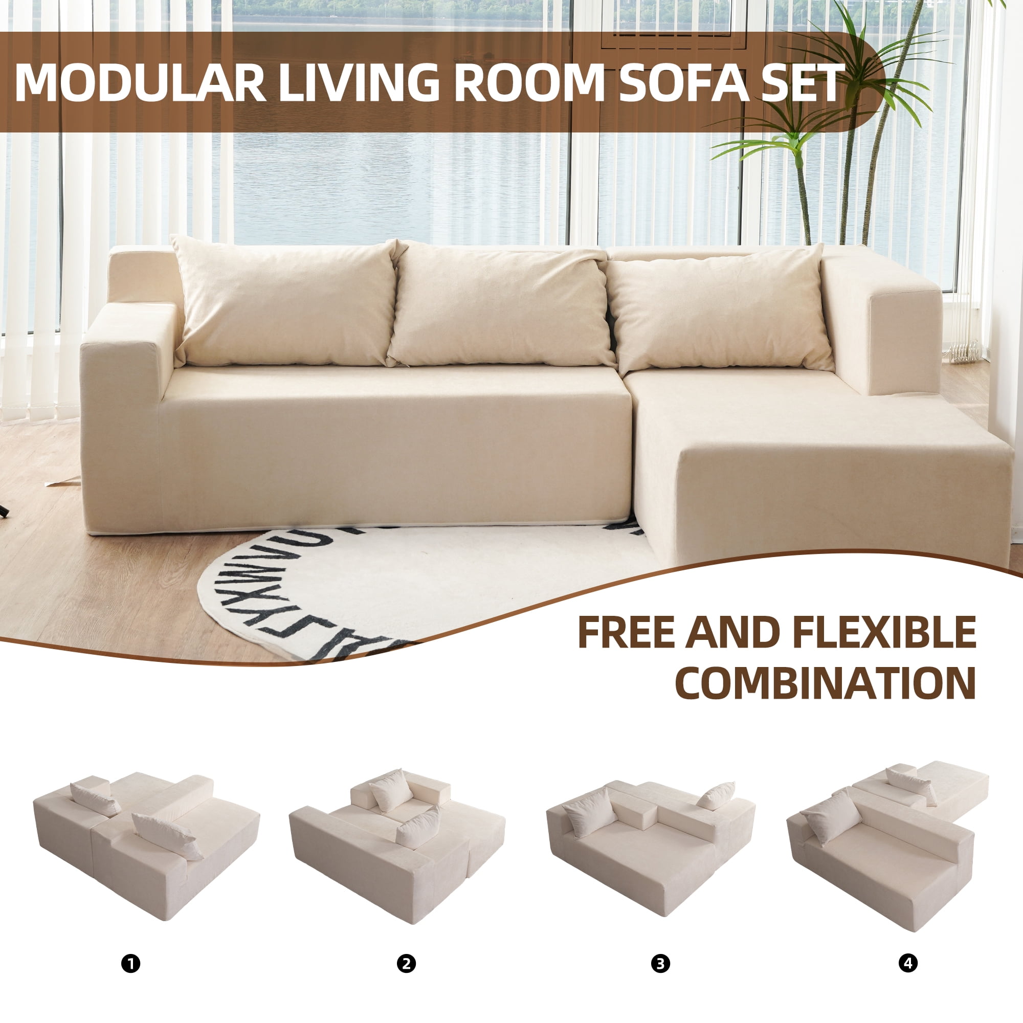 Aukfa 86.6" Modular Sectional Sofa, Sponge Sleeper Sofa Couch, L-Shape Free Combination Sofa Set with 3 Pillows, Beige