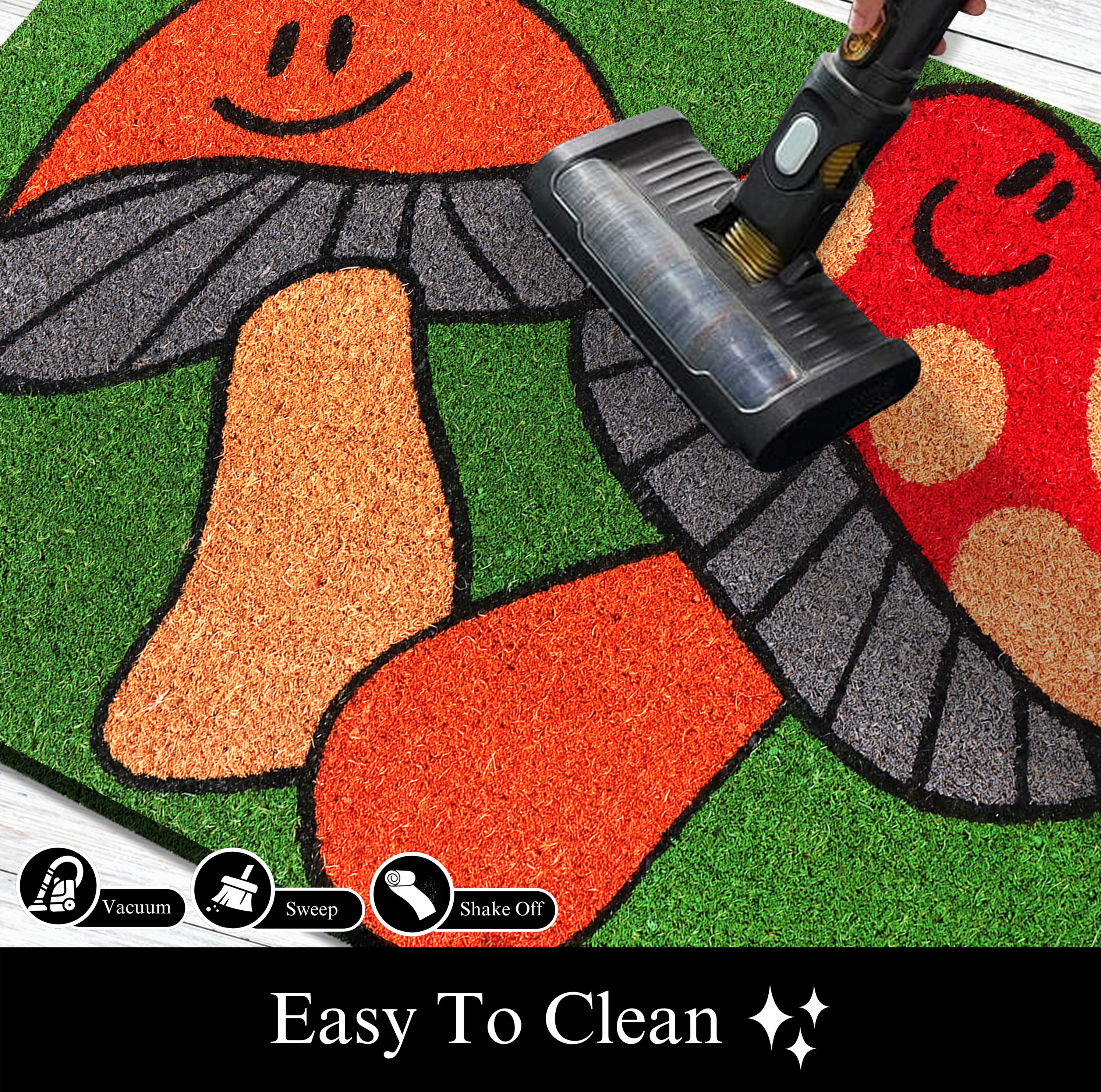 A1HC Dancing Mushroom Natural Coco Coir Doormat with Heavy-Duty Non-Slip PVC Backing, 18"x30", Durable Low-Profile Welcome Mat
