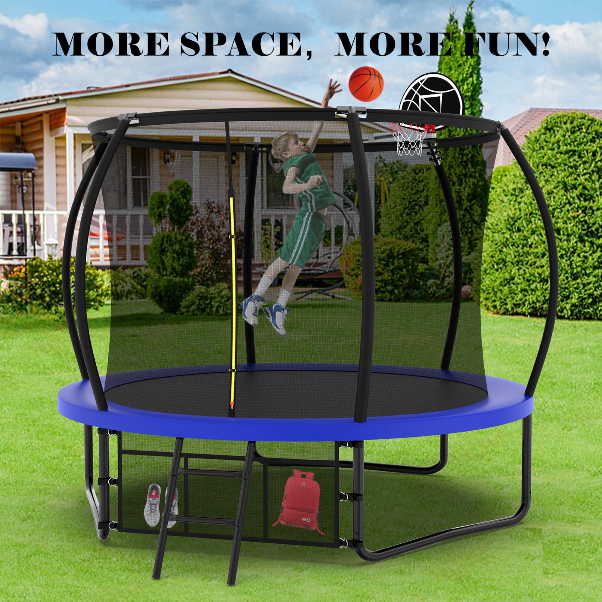 Leumius 10FT Trampoline with Enclosure Net,Heavy Duty Yard Pumpkin Trampolines with Ladder,Outdoor Recreational Trampolines for Kids and Adults,Blue