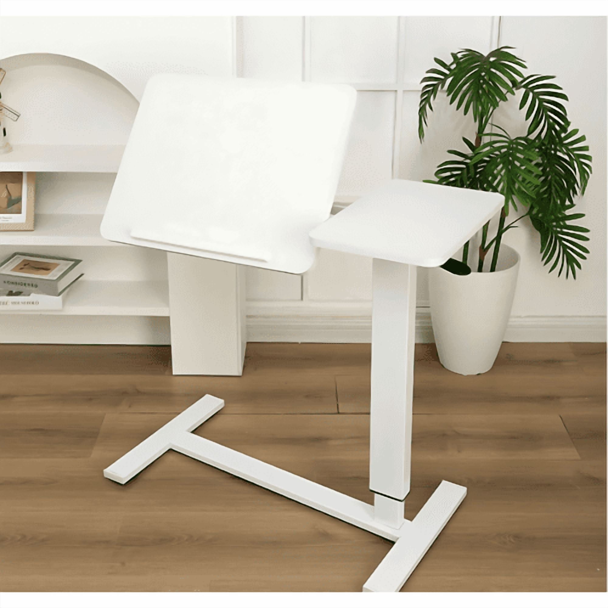 HomePerch Overbed Table with Wheels, Height Adjustable Rolling Laptop Desk for Bed or Sofa, Tilting Tray Table for Home Office, White Finish