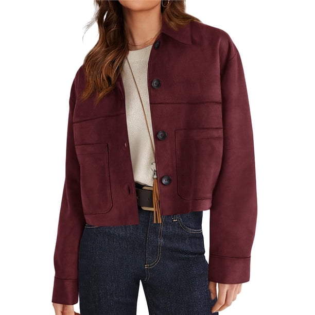 Chaqueta Corta de Ante Sintético para Mujer, Informal, Ligera, para Otoño e Invierno. Vino Tinto XXL