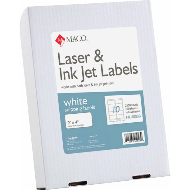 Maco, MACML1000B, Laser Printer White Shipping Labels, 2500 / Box, White