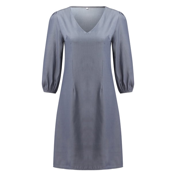 WILLBEST Rockabilly Dresses Womens V Neck Three Quarters Sleeve Elastic Mini Dress Solid Color Fashion Dress