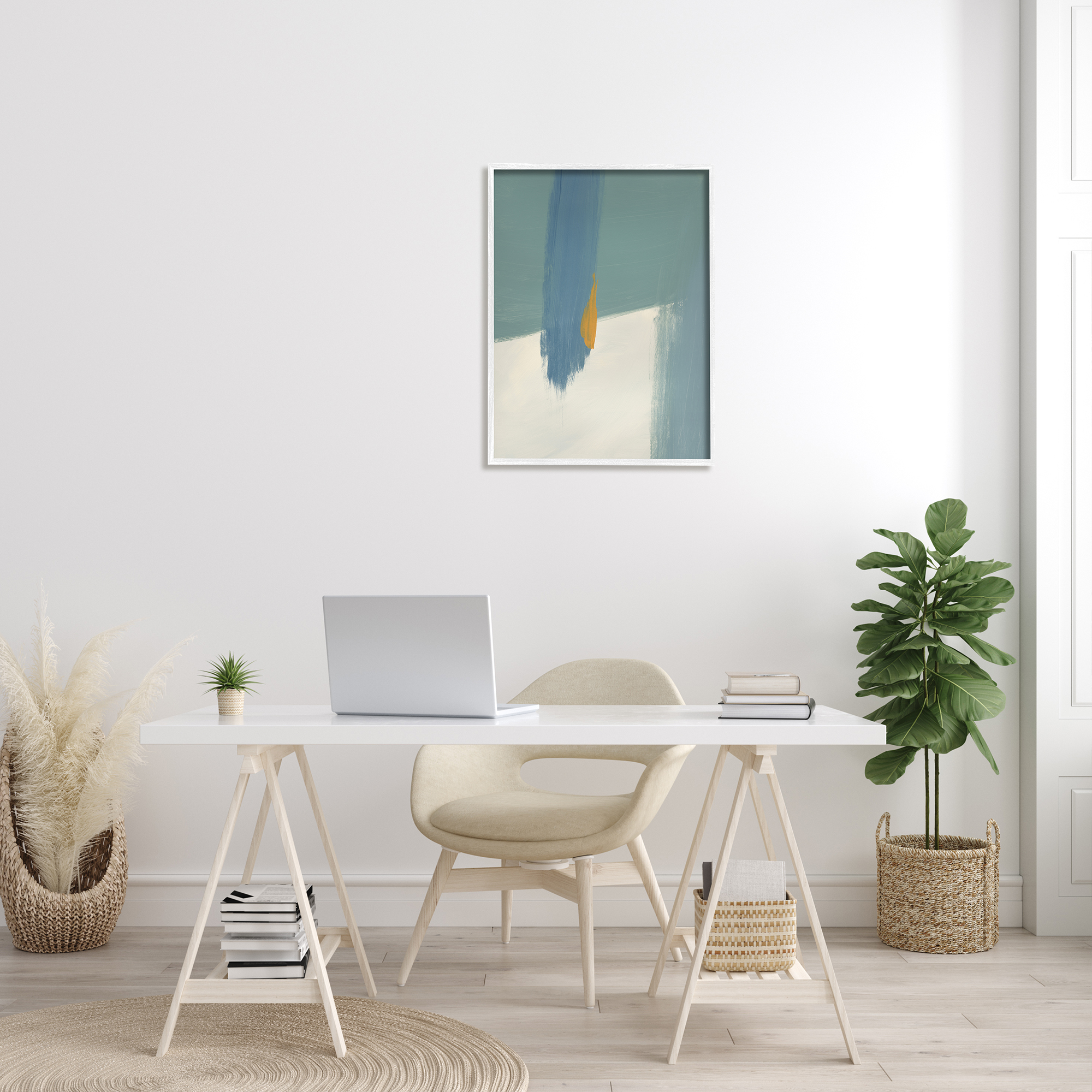 Stupell Industries Abstract Blue Green Brush Strokes On Off-White Graphic Art White Framed Art Print Wall Art, 24x30, by Bronwyn Baker