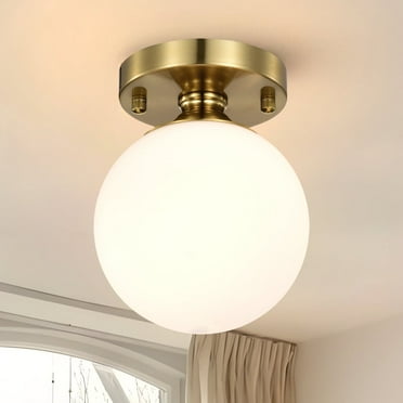 Gold Semi Flush Ceiling Light With 5.9" Globe Opal Glass Shade Mid Century Modern Ceiling Light For Entryway Closet Bathroom Bedroom Easy Install