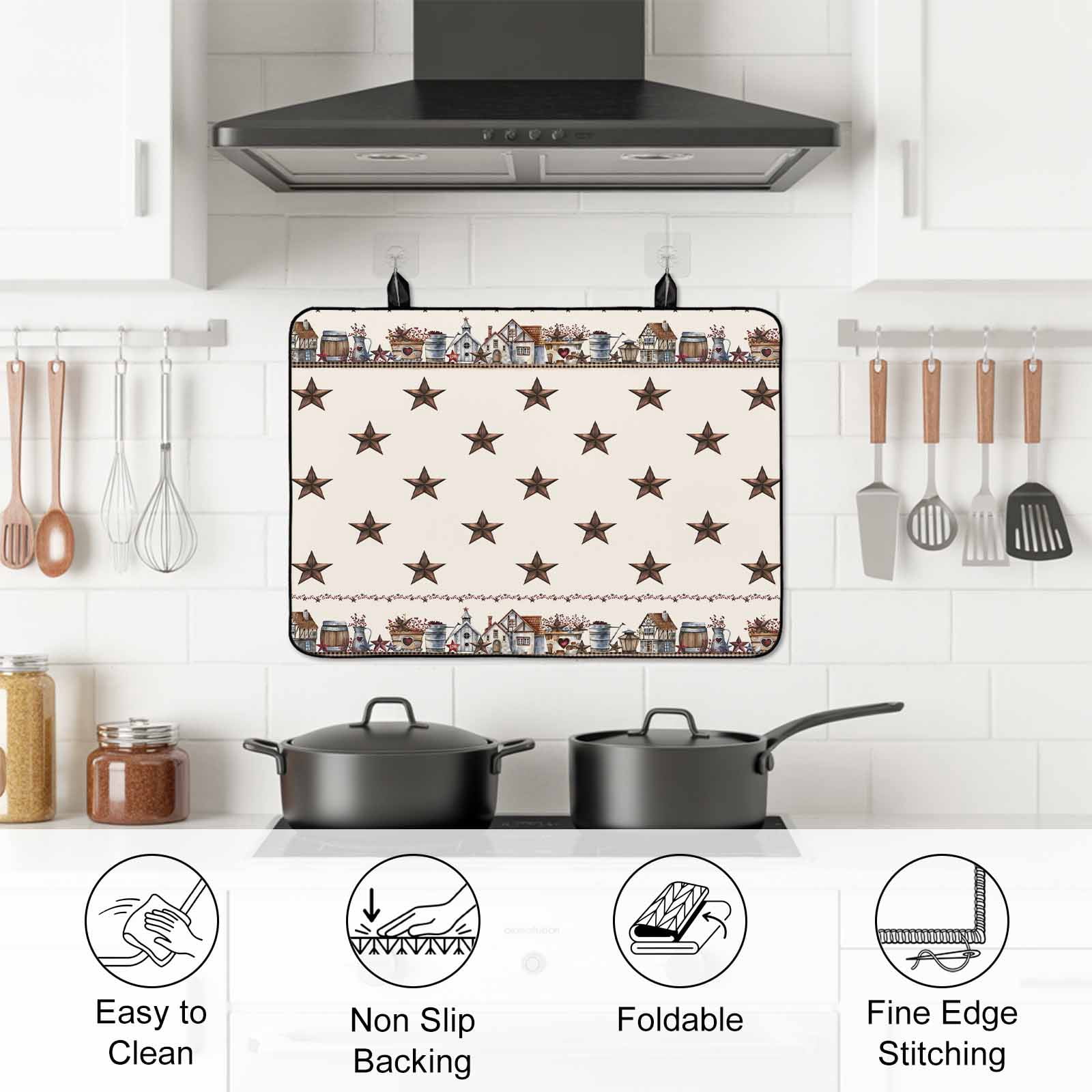 Star Rustic Stove Top Cover for Electric Stove, Heat-proof & Non Slip Glass Top Stove Cover Protector, Farmhouse Country Star Barn Berry Brown Kitchen Flat Cooktop Rubber Mat 24x21 Inches