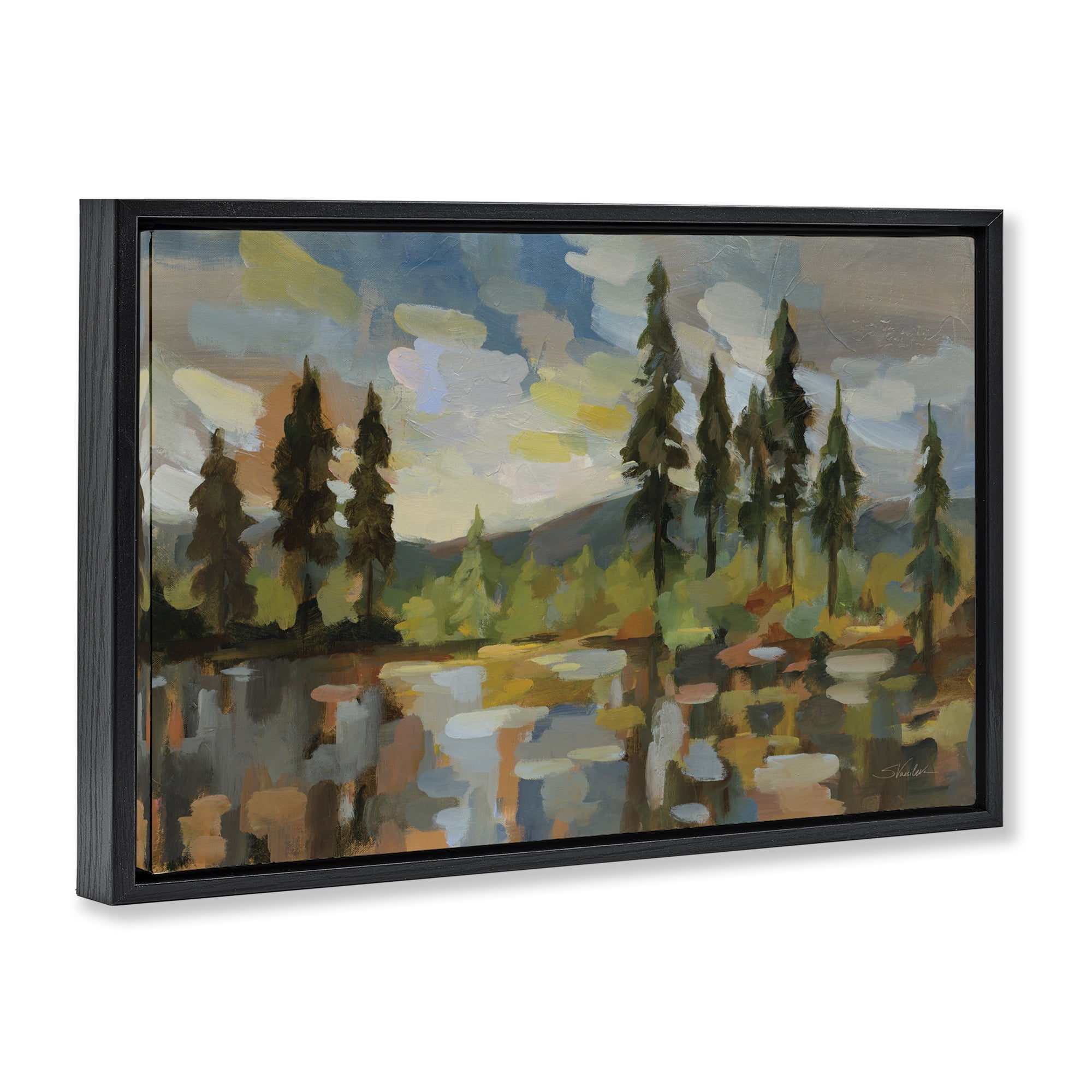 Stupell Industries High Mountain Lake Landscape & Nature Painting Black Floater Framed Canvas Art Print Wall Art, 25 x 17