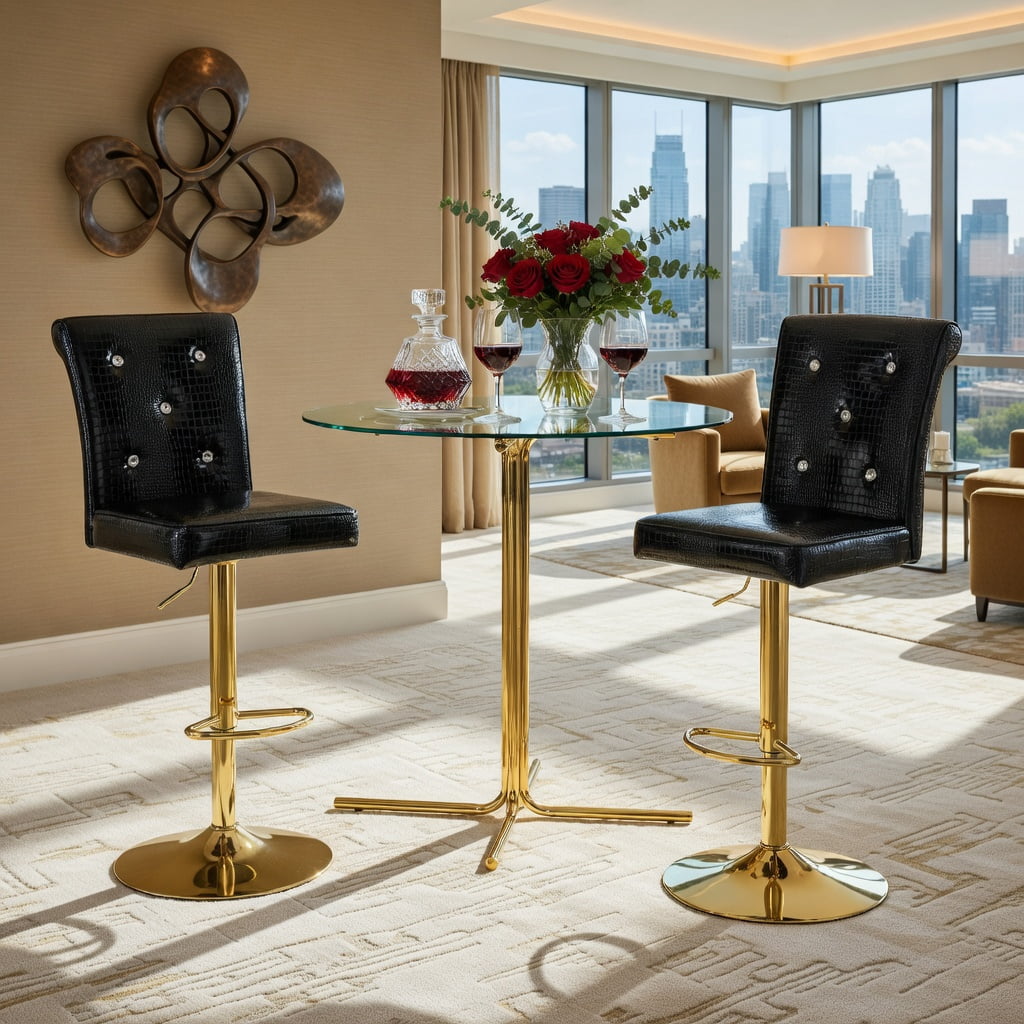 Hommoo 2-Pack Vintage Crocodile-Texture Lift Bar Chairs with Crystal Buckle Accents, Waterproof PVC Leather, Easy Assembly for Dining Room, Kitchen & Bar, Black