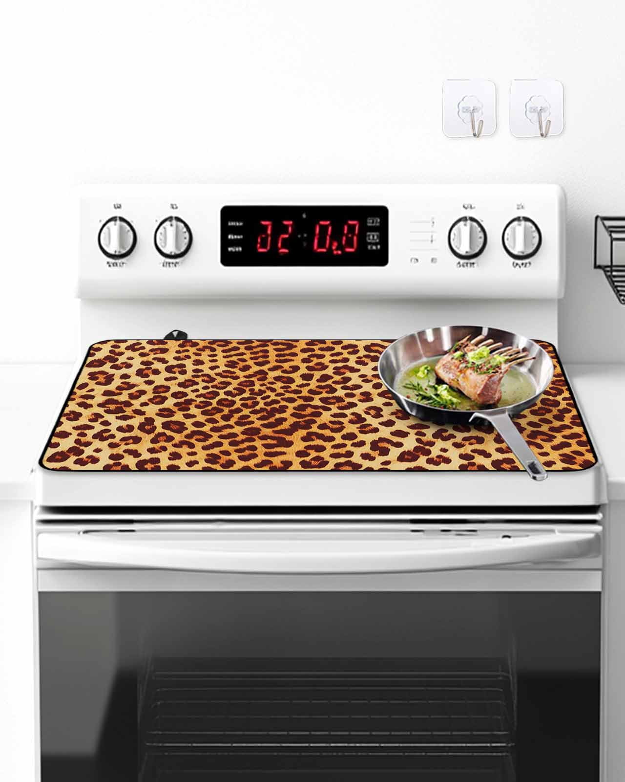 Stove Top Covers for Electric Stove, Leopard Texture Print Glass Stovetop Cover Protector, Orange Yellow Retro Farmhouse Induction Cooktop Protector Oven Mat for Kitchen Countertop 24"x21"