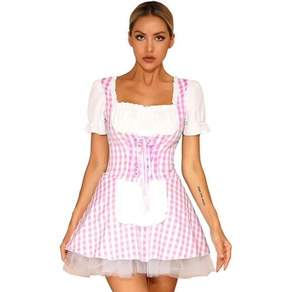 Eandarui Womens Miss Muffet Gingham Dress Puff Sleeve Maid Apron Dress Cosplay Halloween Anime Pink S