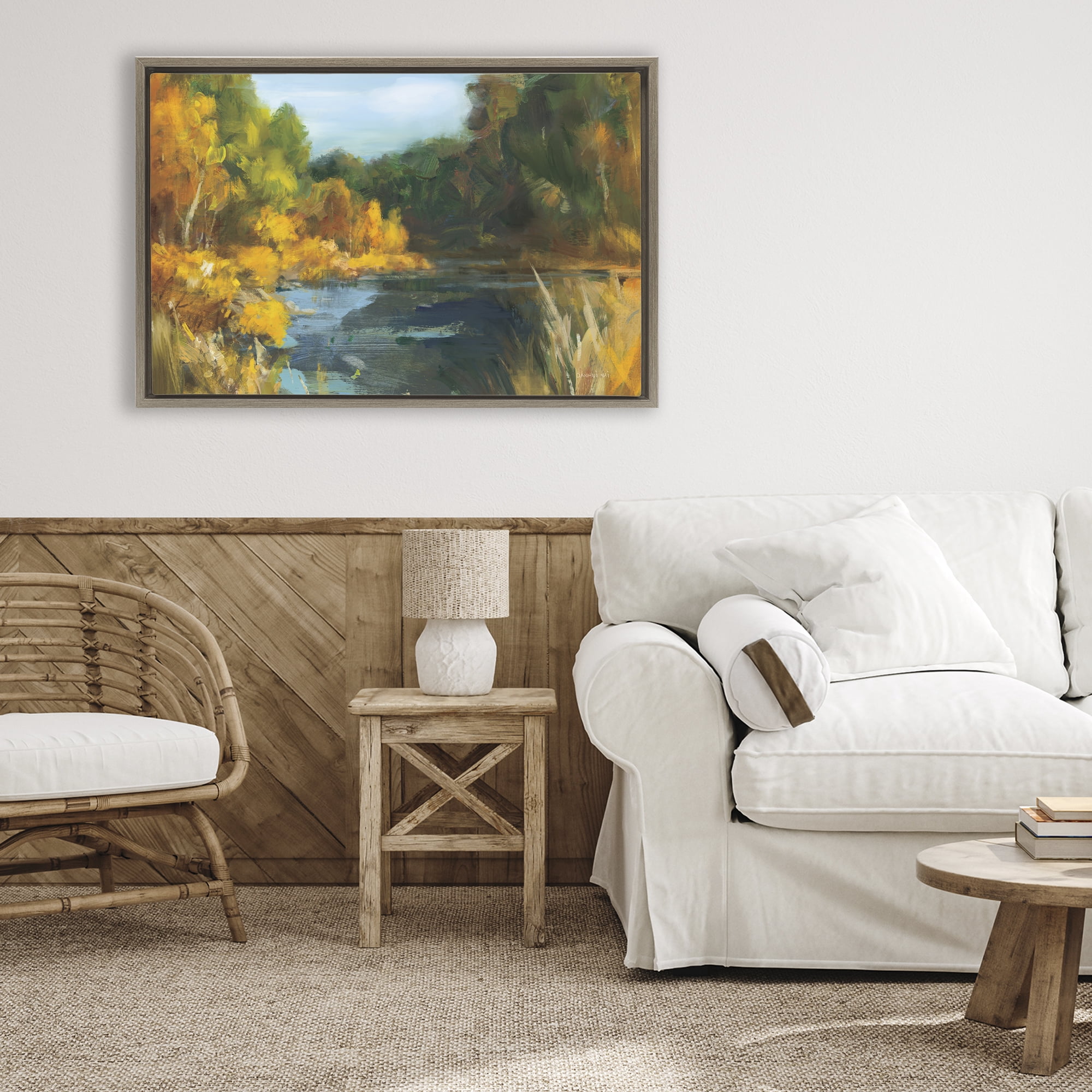 Stupell Industries Autumn River Bend Abstract Brown Framed Floater Canvas Wall Art, design by Danhui Nai