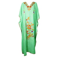 Mogul Women Green Floral Embroidered Kaftan Maxi Dress Embellished Bohemian House dress Kimono Long Caftan 3XL