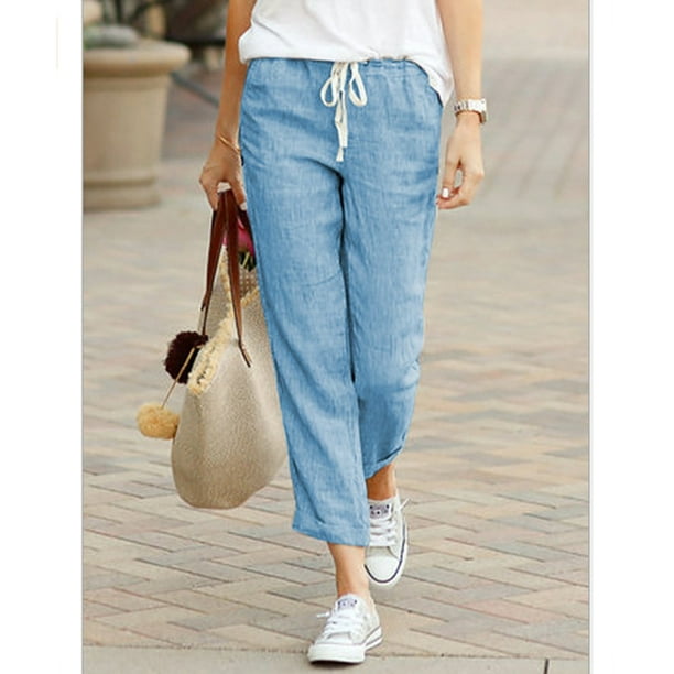 Women's Solid Color Loose Casual Drawstring Elastic Waist Cotton Linen  Cropped Pants
