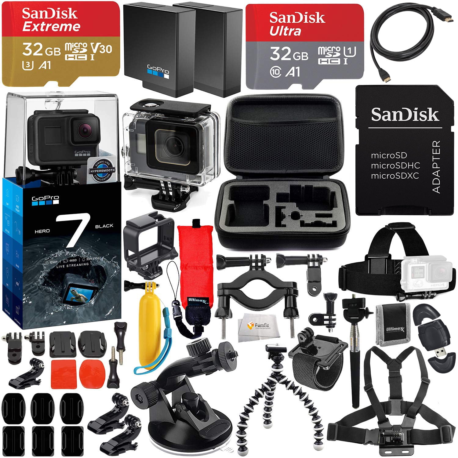 Gopro Hero7 Hero 7 Black Bundle With Free Promotional Car Dash Cam Includes 2x Sandisk Ultra 32gb Microsdhc Hard Shell Case Head Strap Chest Strap With Mounts More