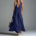 thumbnail image 3 of JMYHOAM Robes pour Femmes Robes d'Été pour Femmes Robe Débardeur en Lin Ample avec Poches Manches Trois-Quarts Longue Robe, Navy, S-TTG, 3 of 7