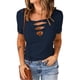 thumbnail image 3 of Camiseta de verano de manga corta con cuello en V recortada para mujer, corte entallado informal para la vida diaria, ropa de oficina, azul marino S, 3 of 8