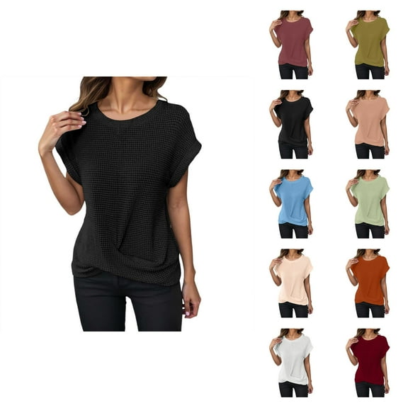 Womens T Shirts Summer Tops 2025 Solid Color Crewneck Waffle Twist Knot Hem Stylish Tees Tshirts Shirts for Women