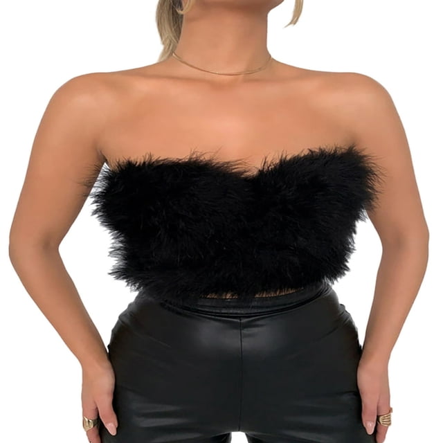 PENGXIANG Haut Court en Plumes pour Femmes, Haut en Fausse Fourrure à Bretelles Spaghetti, Haut Court Tube, Tenue de Soirée Boîte de Nuit
