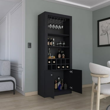 GeeHome Nero 74-Inch Tall Bar Cabinet 4-Tier Modern Bar Cabinet with Glass Holder Stemware Rack, Wine Cabinet, Liquor Cabinet, 10 Bottle Cubbies and 4 Shelves.