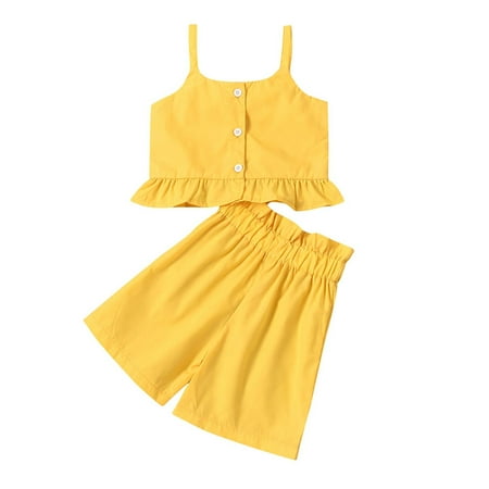 

Fesfesfes Toddler Baby Girl Clothes Fungus Hem Sling Top Pant Cute Solid Color Summer Set