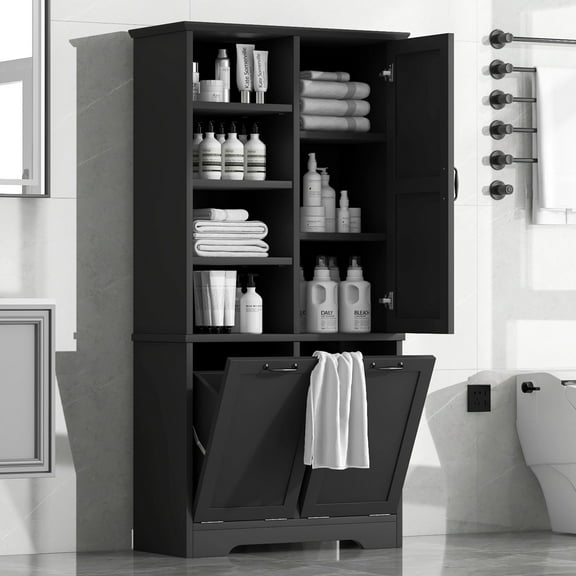 Bathroom Storage Cabinet, Kitchen Bathroom Storage Organizer Cabinets with Tilt Out Laundry Hamper Basket, Freestanding Trash Can Cabinet for Kitchen Bathroom Home Storage Organizer, Black