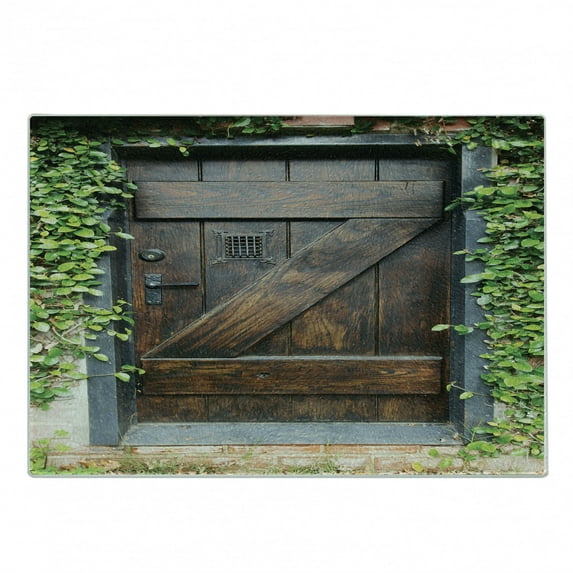 Rustic Cutting Board, Small Spanish Style Dark Stained Wood Door Secret Garden with Grated Window Picture, Decorative Tempered Glass Cutting and Serving Board, Small Size, Brown Green, by Ambesonne