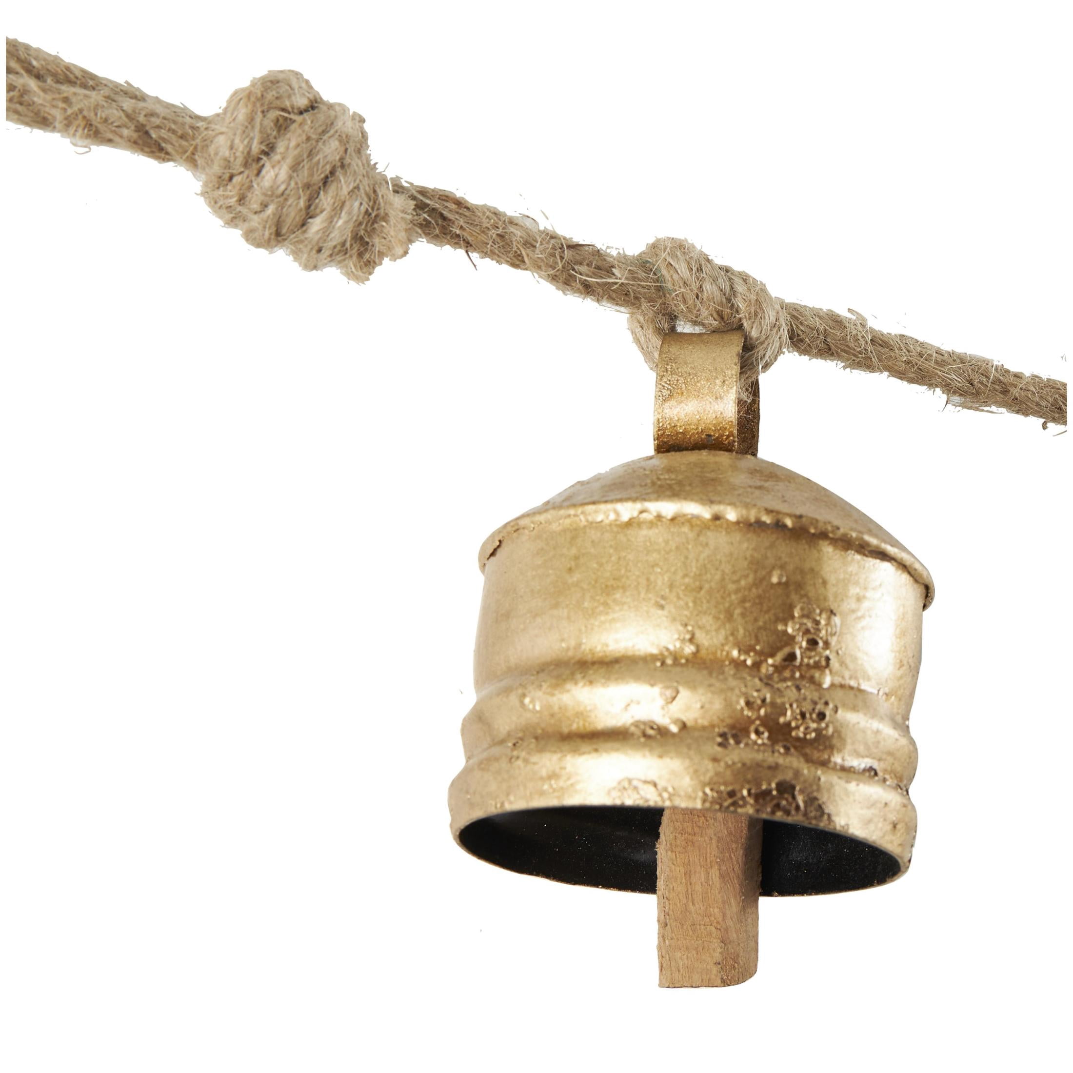 DecMode Tibetan Inspired Gold Metal Cylindrical Decorative Cow Bells with 7 Bells on Jute Hanging Rope