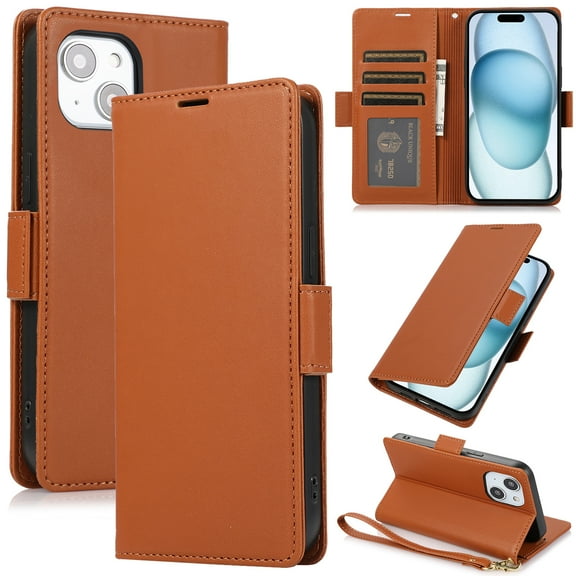 Wallet Case for iPhone 13 with [RFID Blocking] Card Holder Kickstand with Lanyard,Magnetic Clasp PU Flip Leather Shockproof Full-body Phone Case for iPhone 13,Brown