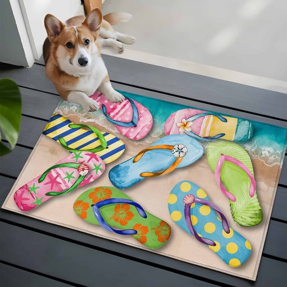 Colorful Flip Flops Bathroom Mat 2x3 FT, Non Slip Small Kitchen Mat, Summer Blue Beach Ocean Washable Soft Backed Front Door Throw Rug Non-Shedding Indoor Outdoor Doormat for Entryway Sink
