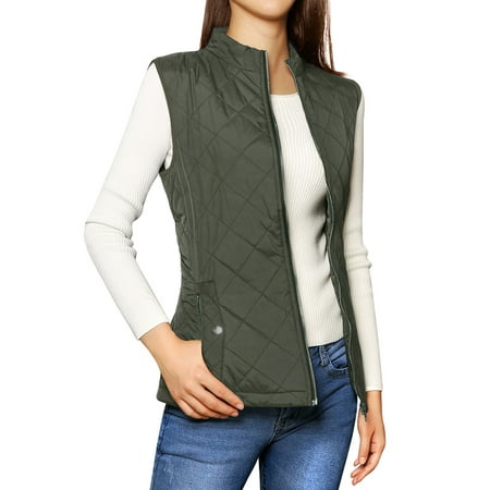 Unique Bargains Women's Zip Up Front Stand Collar Slant Pockets Quilted Padded (Best Padded Shooting Vest)